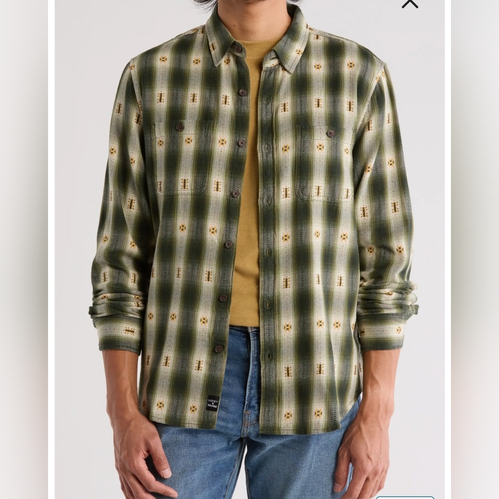 XL Lucky Brand Plaid Dobby Mason Button-Up Shirt Western Casual Cotton NFR Rodeo